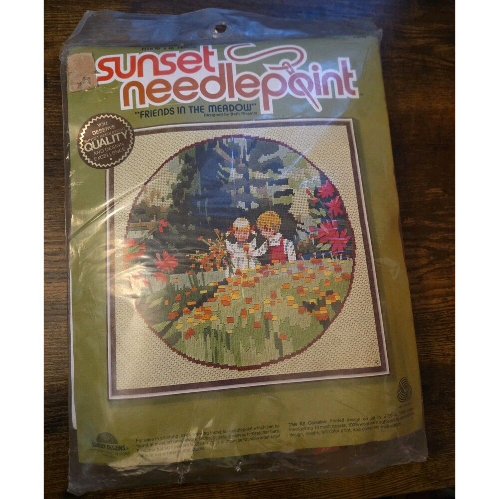 Sunset Needlepoint Kit Friends in the Meadow #6702 Printed Canvas Wool  Vintage
